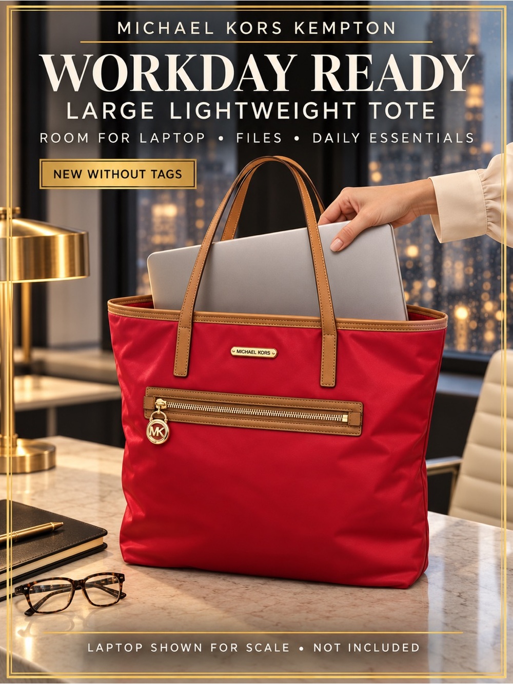 Michael Kors Kempton Large Red Nylon Laptop Work Tote Leather Trim NWOT